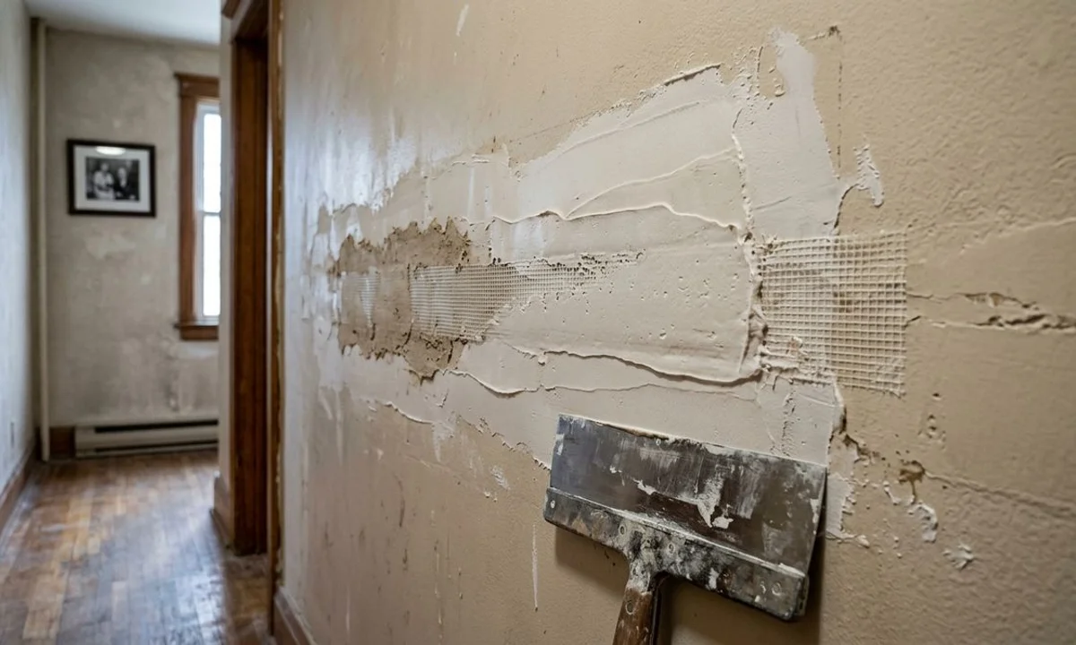 Drywall repair feathering technique on hallway wall in older Toronto home with mesh tape