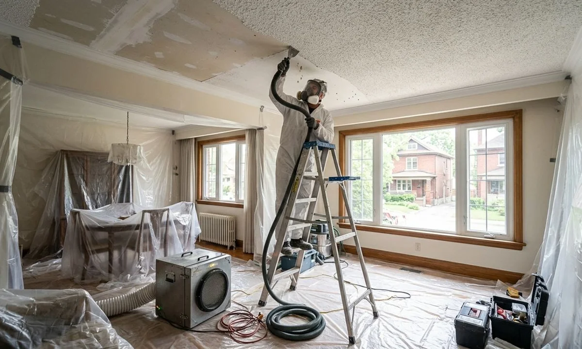 Dustless popcorn ceiling removal with HEPA containment in pre-1980 Toronto home interior