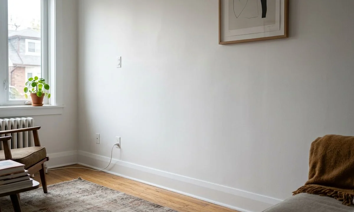 Smooth white drywall wall in finished Toronto home interior with natural window light raked across surface