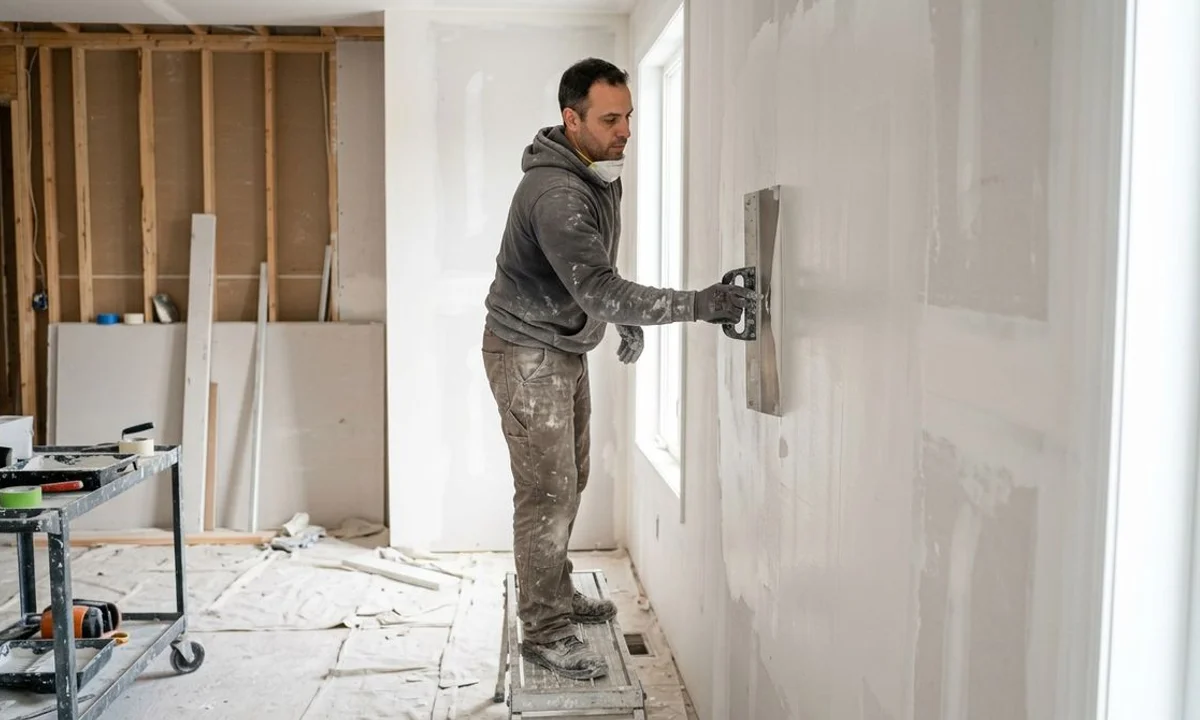 Level 5 drywall skim coat being applied to entire wall surface in Vaughan custom home interior natural light