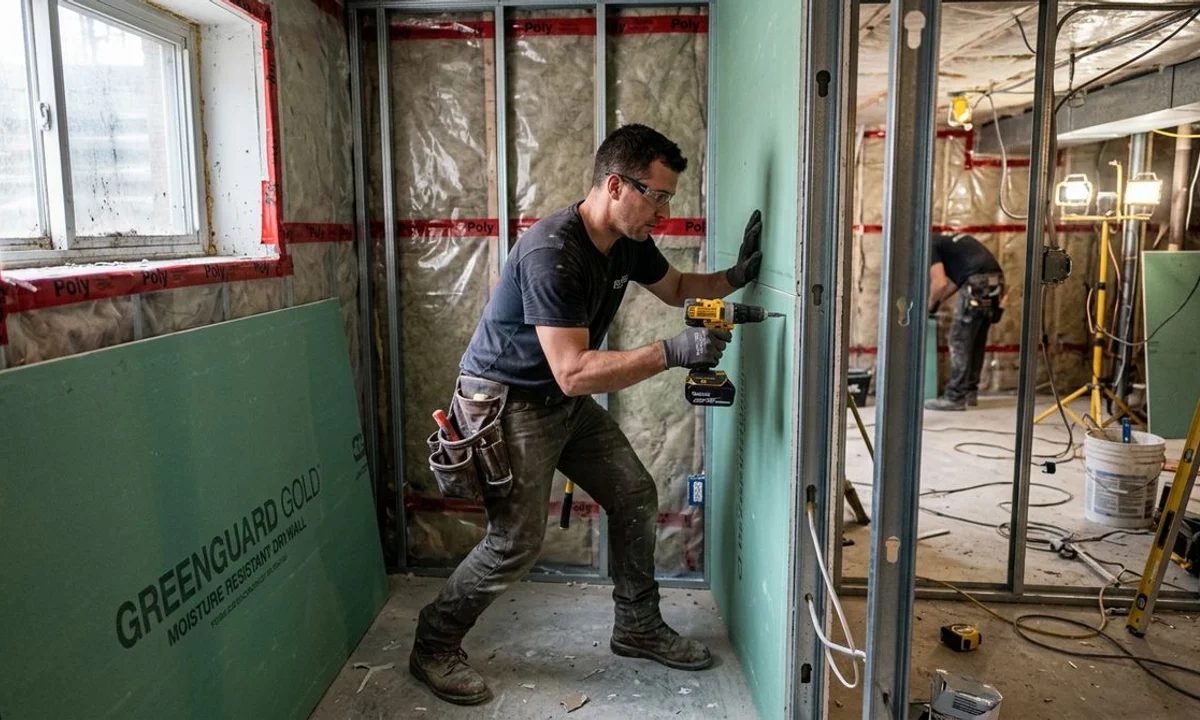 Moisture resistant Green Board drywall installed in Toronto basement with vapor barrier and steel framing visible during inspection
