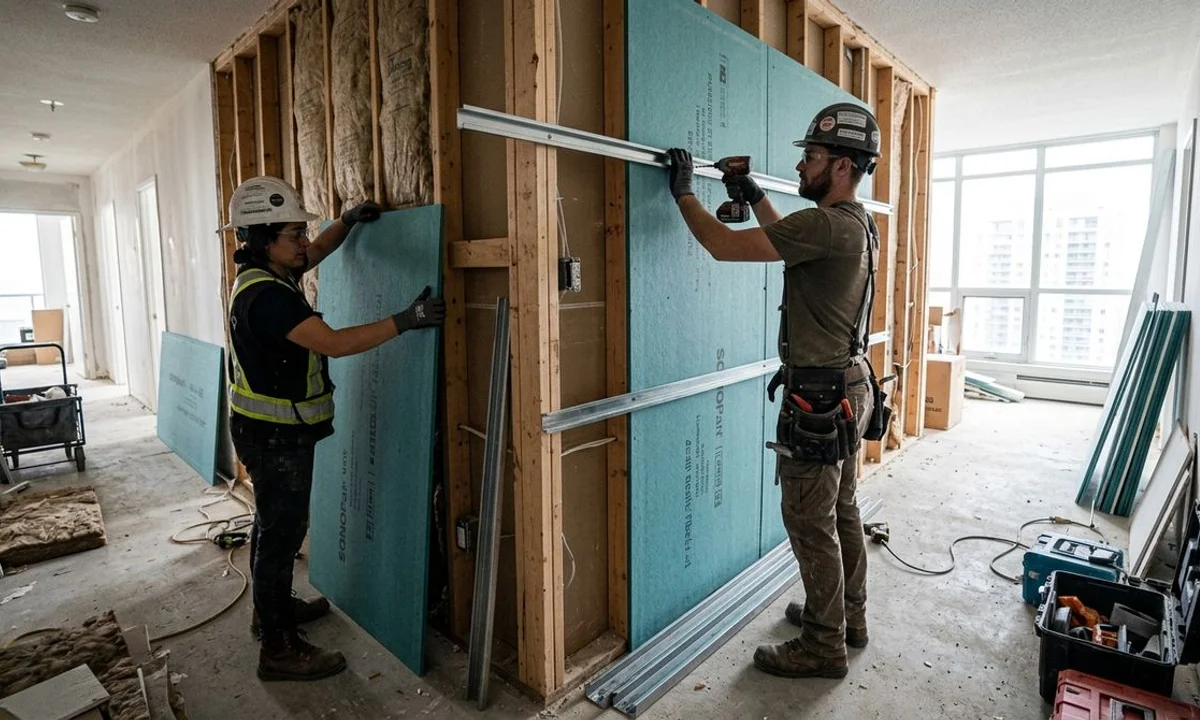 SONOpan acoustic panel and resilient channel being installed for soundproof retrofit on Toronto condo party wall