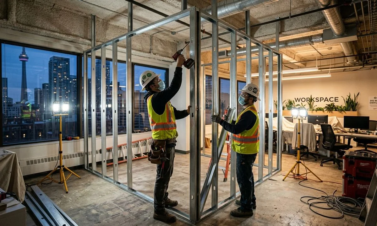 Steel stud drywall partition being framed for new private office in occupied downtown Toronto coworking space after hours