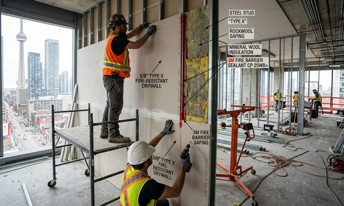 Type X fire rated demising wall installed between commercial suites in downtown Toronto building with proper firestop work