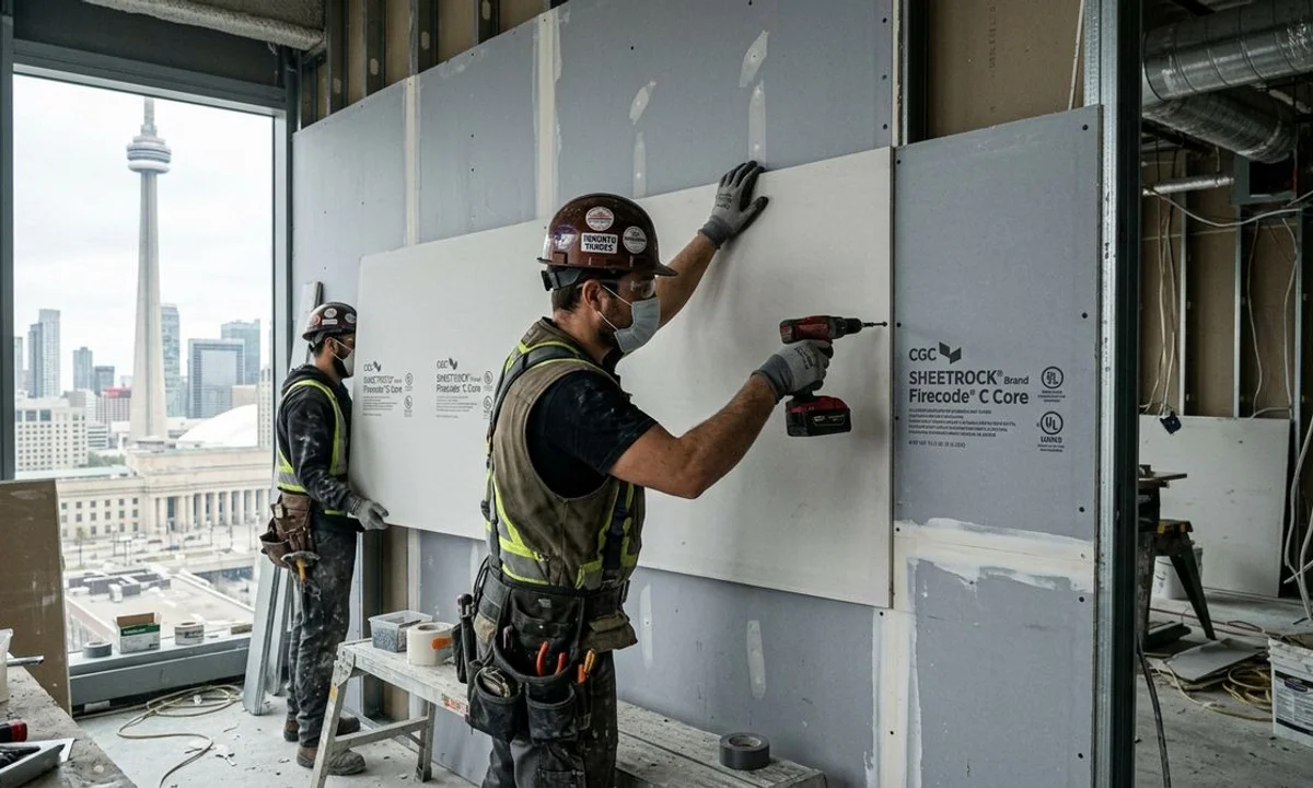 Type X fire rated drywall multi layer assembly being installed at commercial demising wall in Toronto building