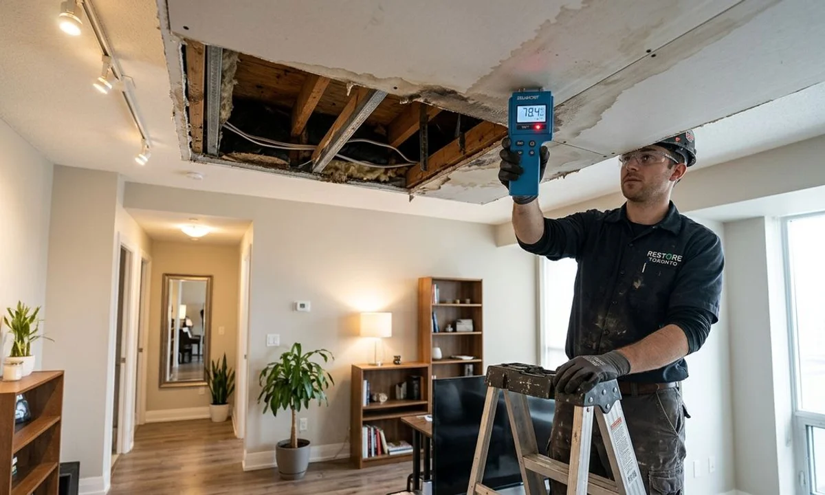 Water damaged drywall ceiling section removed for dry out in Toronto condo with moisture meter reading visible